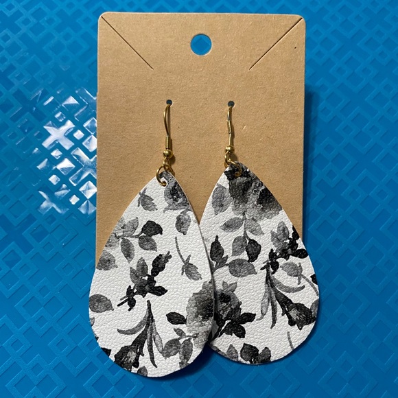 Black White Grey Floral Teardrop Dangle Earrings - Picture 2 of 4